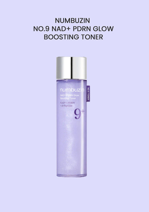 Numbuzin NO.9 NAD+ PDRN Glow Boosting Toner bottle on a light purple background