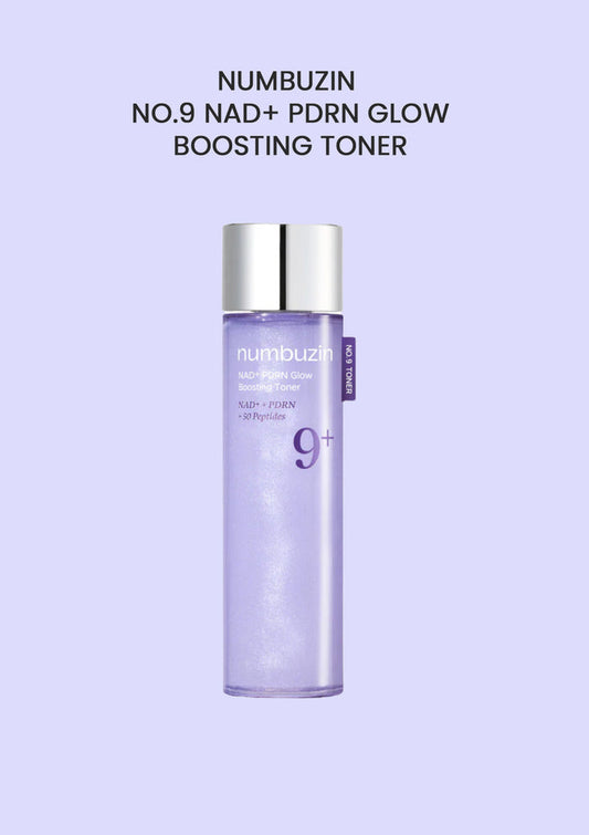 Numbuzin NO.9 NAD+ PDRN Glow Boosting Toner bottle on a light purple background