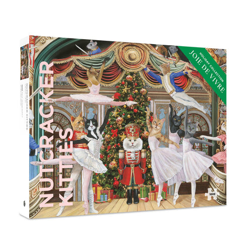 Enjoy a delightful holiday challenge with Pomegranate’s Nutcracker Kitties | 1,000 Piece Jigsaw Puzzle, featuring ballerina cats striking graceful poses and exuding feline charm as they twirl around a nutcracker before an elegantly decorated Christmas tree in an ornate theater setting—an enchanting choice for your next festive jigsaw adventure.
