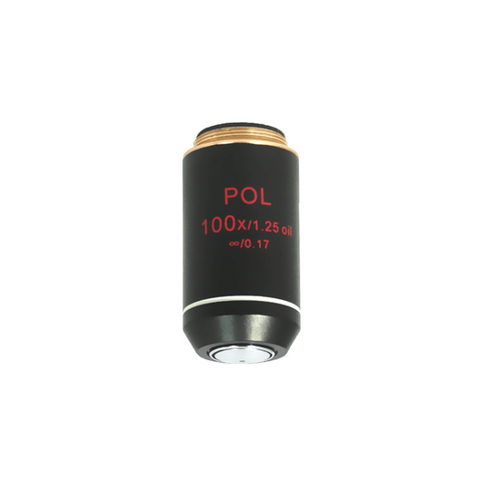 Objective Working Distance 0.24mm 100X Infinity Achromatic Polarizing Objective, SKU PL03023812, three quarter front view