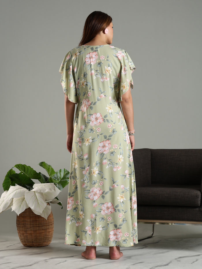 Olive Frock Type Nighty For Women with Side Pocket