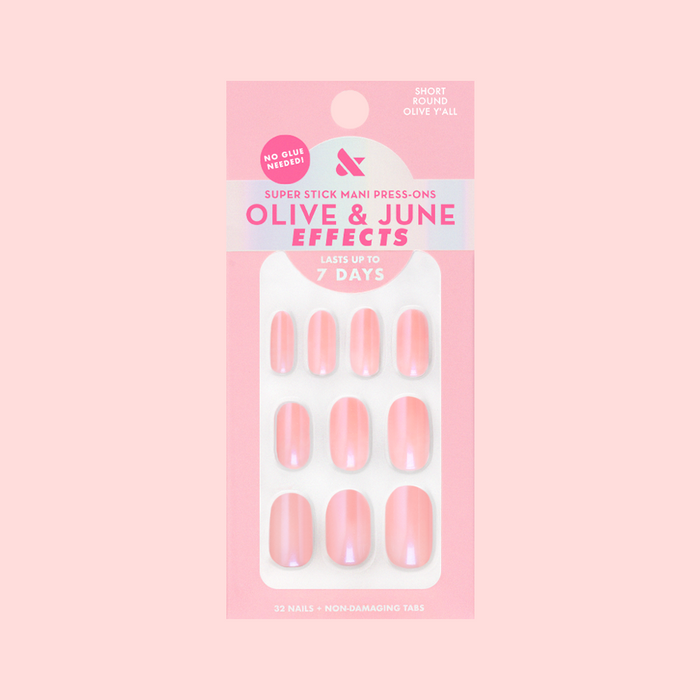 Olive Y'all | Short | Round - Tab Press-On with sheer bubble gum pink-blue iridescent finish for easy at-home manicure