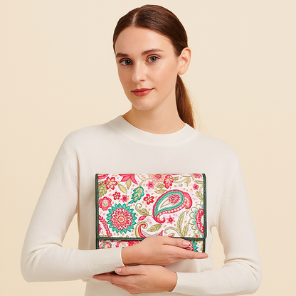 Women's paisley trifold travel wallet for daily use and trips-model image