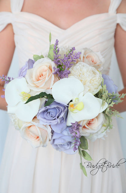 Peach and Dusty Lavender Silk Wedding Bouquet   - $195.00 | Christian