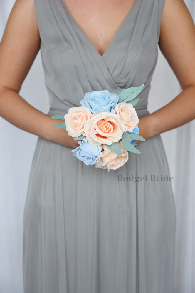 Peach and Light Blue Silk Wedding Bouquet   - $39.50 | Talisker