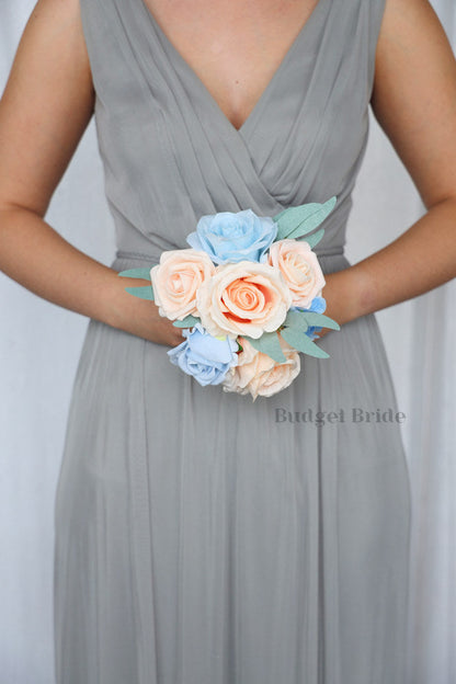 Peach and Light Blue Silk Wedding Bouquet   - $39.50 | Talisker