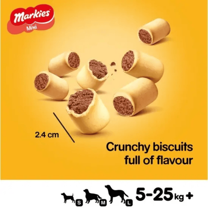 Pedigree Markies Adult Dog Treat Biscuits pictured with measurements '2.4cm Crunchy biscuits full of flavour'. Suitable for dogs weighing 5kg to 25kg.