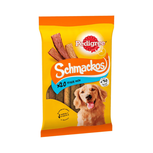 White background with a packet of Pedigree Schmackos 20 pack. On the packet is a picture of a golden retriever.