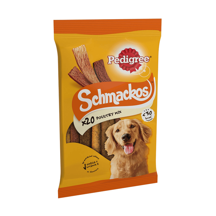 White background with a packet of Pedigree Schmackos 20 pack. On the packet is a picture of a golden retriever.