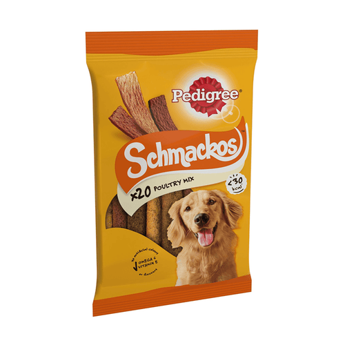 White background with a packet of Pedigree Schmackos 20 pack. On the packet is a picture of a golden retriever.