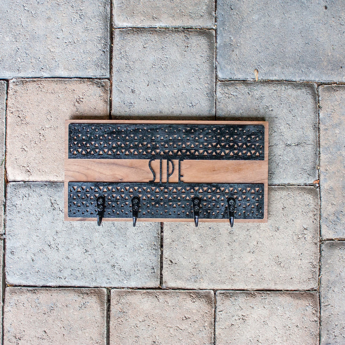 Personalized Key Holder - Laser Cut Wood with geometric triangle design and name mounted on hardwood - by LeeMo Designs in Bend, Oregon