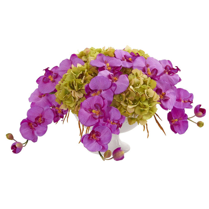 Phaleanopsis and Hydrangea Artificial Arrangement in Pedestal Urn