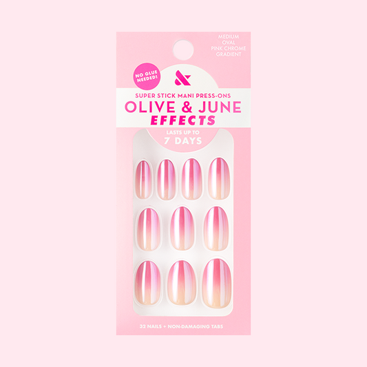 Pink Chrome Gradient | Medium | Oval - Tab Press-On nails with shimmering pink to soft gradient effect in package.