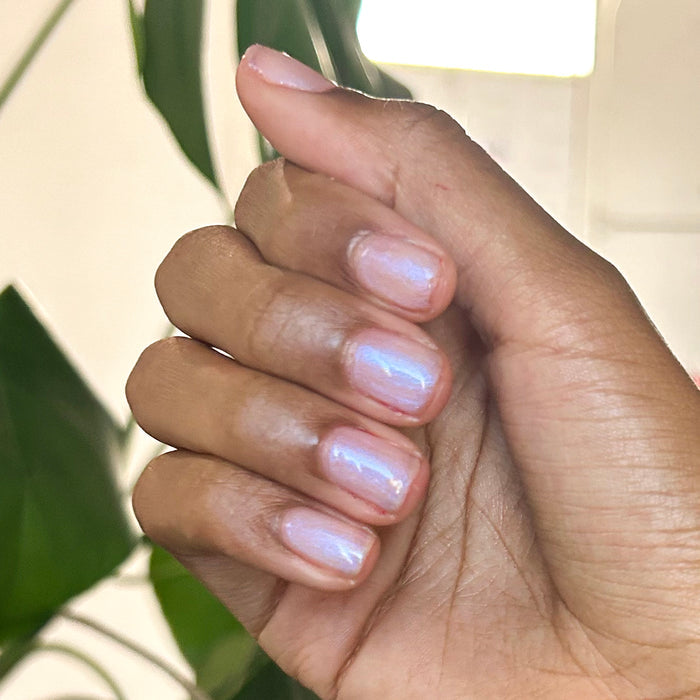 Pink Goldfish - Gel on natural nails with subtle pink iridescent shimmer for a soft manicure by Olive and June