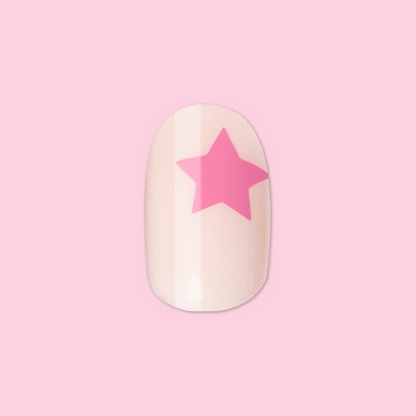 Pink Star Party | Extra Short | Round - Tab Press-On nail with soft pink base and bright star design on pink background
