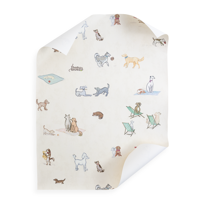 Pippa Sand wallpaper featuring whimsical dog illustrations in soft neutral tones, customizable made-to-order wall decor