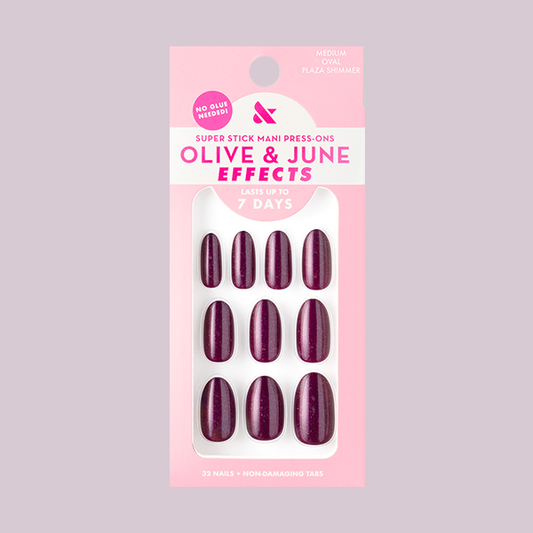 Plaza Shimmer | Medium | Oval - Tab Press-On nails in deep mulberry purple with sparkling finish in packaging