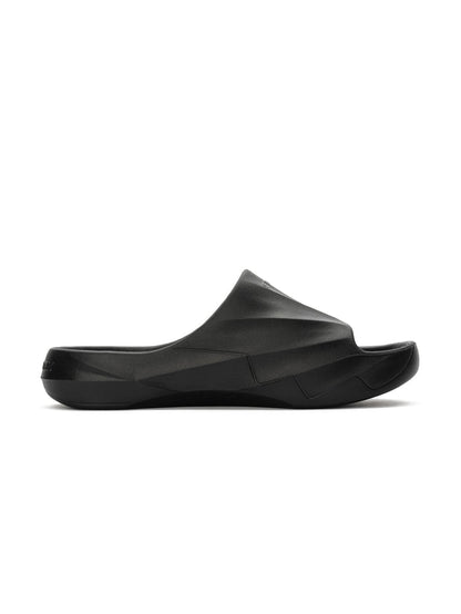 Black molded recovery slide with sculpted geometric upper and contoured footbed