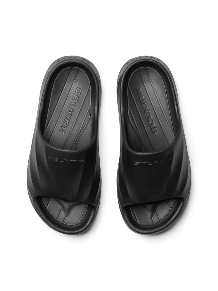 Black SELKIRK slide sandals, top view of pair