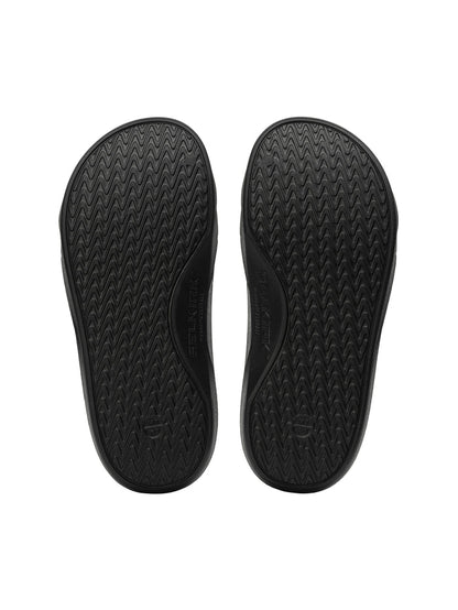Black sandal soles with zigzag tread pattern, pair shown from bottom