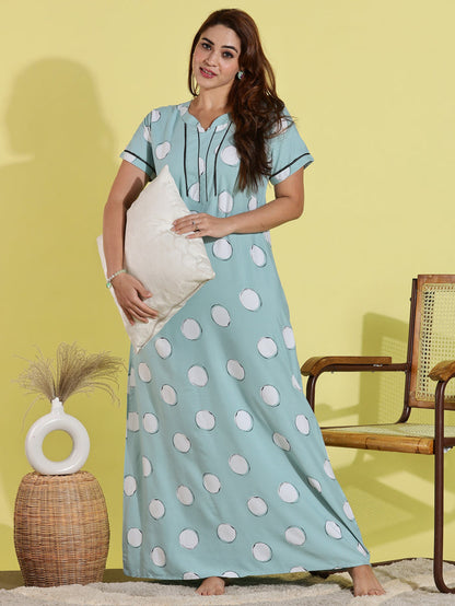 Green Polka Dot Rayon Night dress for Women