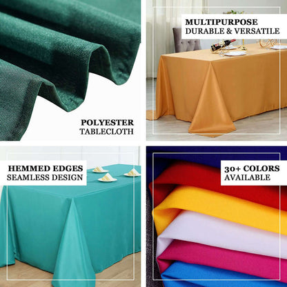 Colorful polyester tablecloths with hemmed edges, available in 30+ colors.