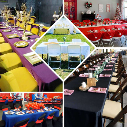 Colorful dining setups for various events in a collage of tables and decorations.