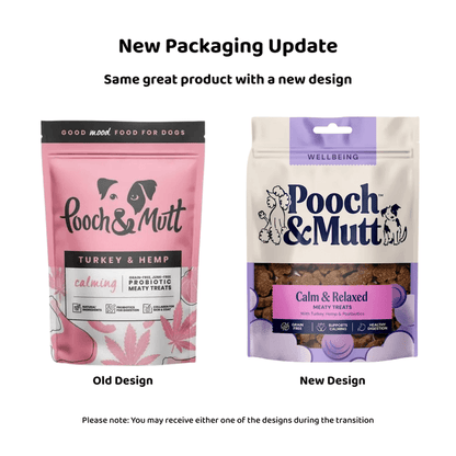 A comparison graphic showing two Pooch & Mutt dog meat treat pouches side by side under the heading 'New Packaging Update.' The left pouch is labeled 'Old Design' and is pink with black and white graphics; the right pouch is labeled 'New Design' and is mostly cream with lavender and dark blue graphics.