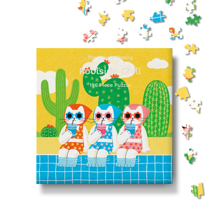 The cover of The Puzzle Theory’s “Poolside Chill” 196-piece jigsaw puzzle features three playful cartoon dogs in swimsuits and sunglasses relaxing by a pool, surrounded by cacti. Loose pieces scattered around the box add to the fun, making this vibrant summer puzzle perfect for anyone who enjoys cheerful, sun-filled scenes.