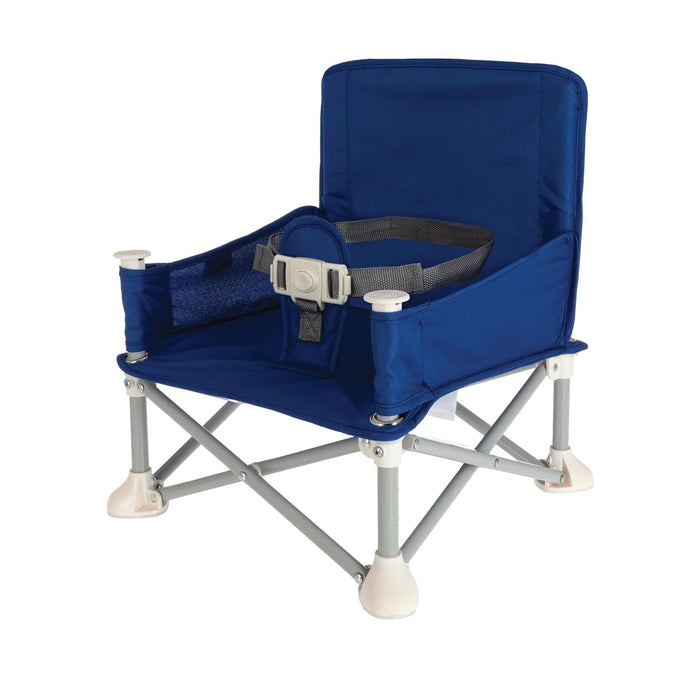 The Nuby Pop Up Booster Seat in blue features a safety harness, armrests, and sturdy foldable metal legs, making it perfect for young children on the go.