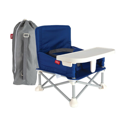 Nuby Pop Up Booster Seat | Blue features a collapsible frame, white plastic tray, safety straps, and comes with a gray shoulder-strap carrying bag. Ideal for travel and on-the-go convenience.