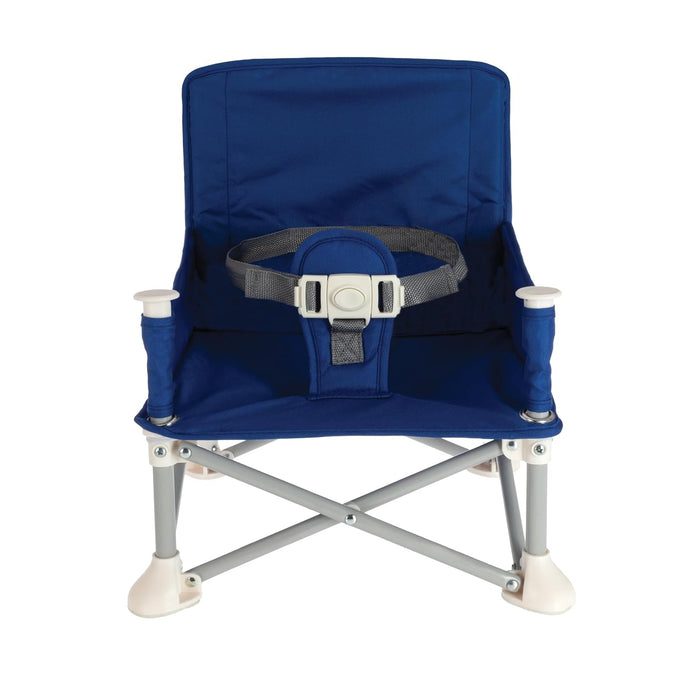 The Nuby Pop Up Booster Seat in blue is a small, foldable chair with metal legs and a safety harness, designed as a portable travel booster seat for toddlers or young children.