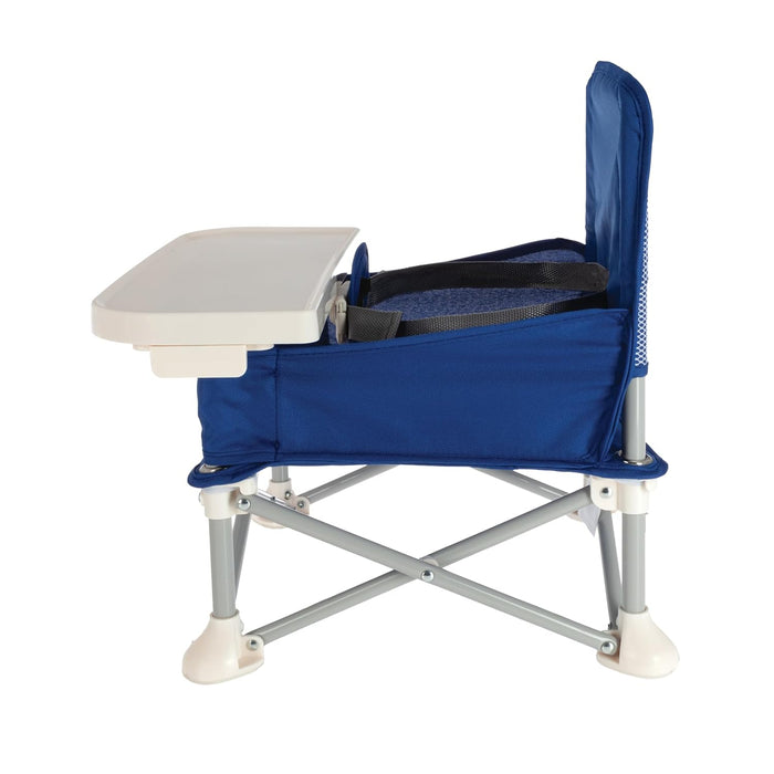 The Nuby Pop Up Booster Seat in blue features a white tray, gray safety straps, and foldable metal legs. This portable booster is ideal for young children at tables for feeding or activities.