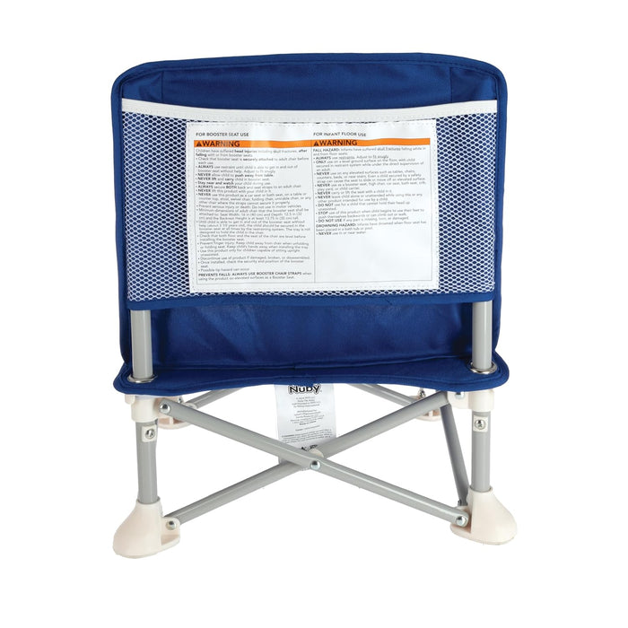 The Nuby Pop Up Booster Seat in blue features a mesh back pocket with safety instructions, a metal frame, and white plastic feet. It is shown from the rear against a white background.