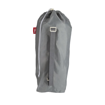 The Nuby Pop Up Booster Seat | Blue is shown against a white background in a gray drawstring laundry bag with an adjustable shoulder strap and red side tag, ideal for carrying essentials like this portable baby seat.