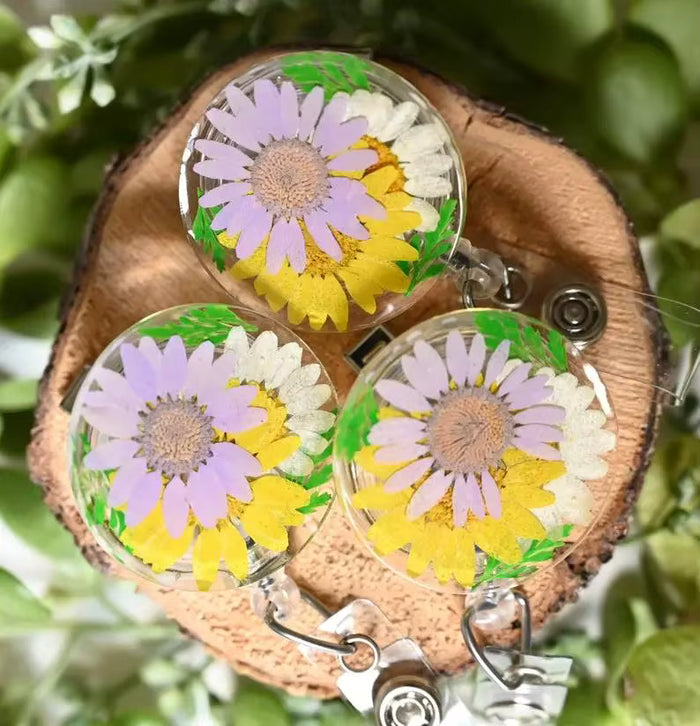 Pressed Flower Badge Reel - Yellow, Purple and White