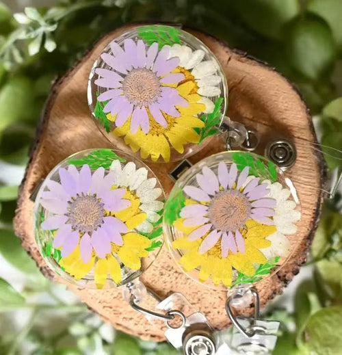 Pressed Flower Badge Reel - Yellow, Purple and White