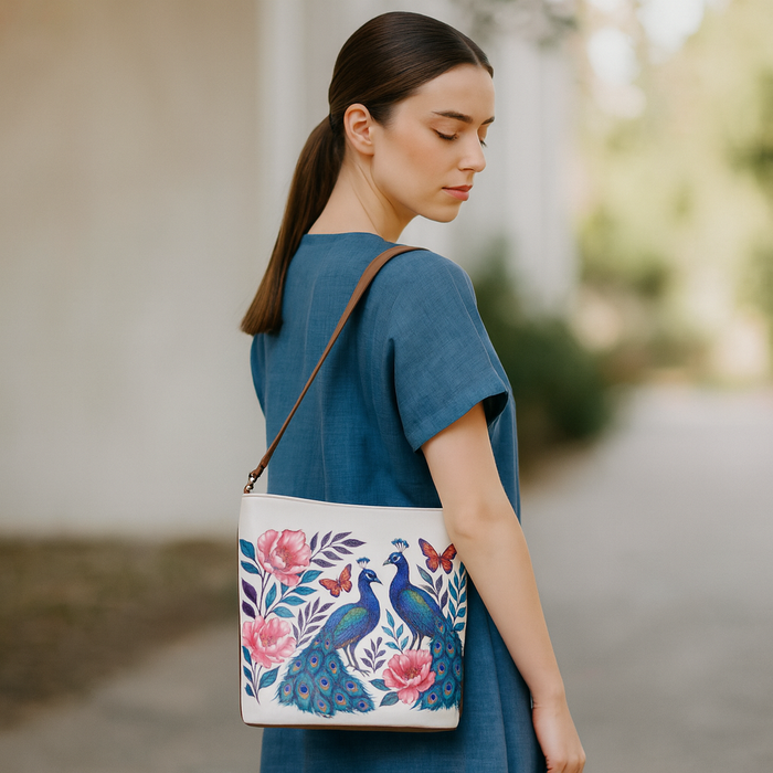 Women's handpainted peacock crossbody bag in vegan leather for daily use, office, travel, shopping, and gifting-model image
