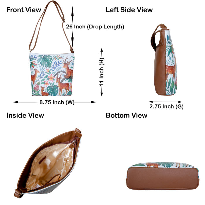 Women's handpainted deer crossbody bag in vegan leather for work, office, travel, daily use, and gifting-infographic image