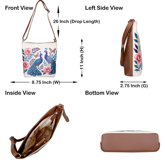 Women's handpainted peacock crossbody bag in vegan leather for daily use, office, travel, shopping, and gifting-infographic image