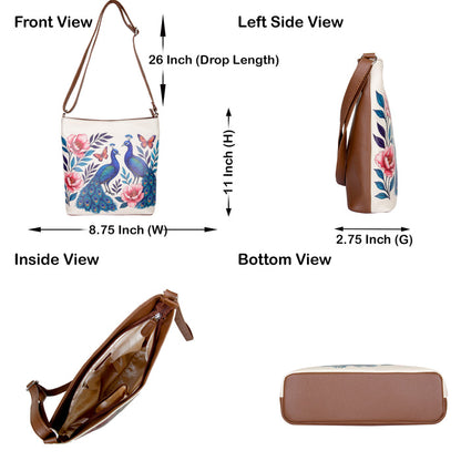 Women's handpainted peacock crossbody bag in vegan leather for daily use, office, travel, shopping, and gifting-infographic image