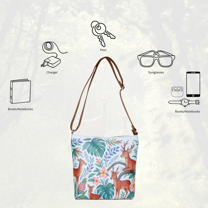 Women's handpainted deer crossbody bag in vegan leather for work, office, travel, daily use, and gifting-feature image