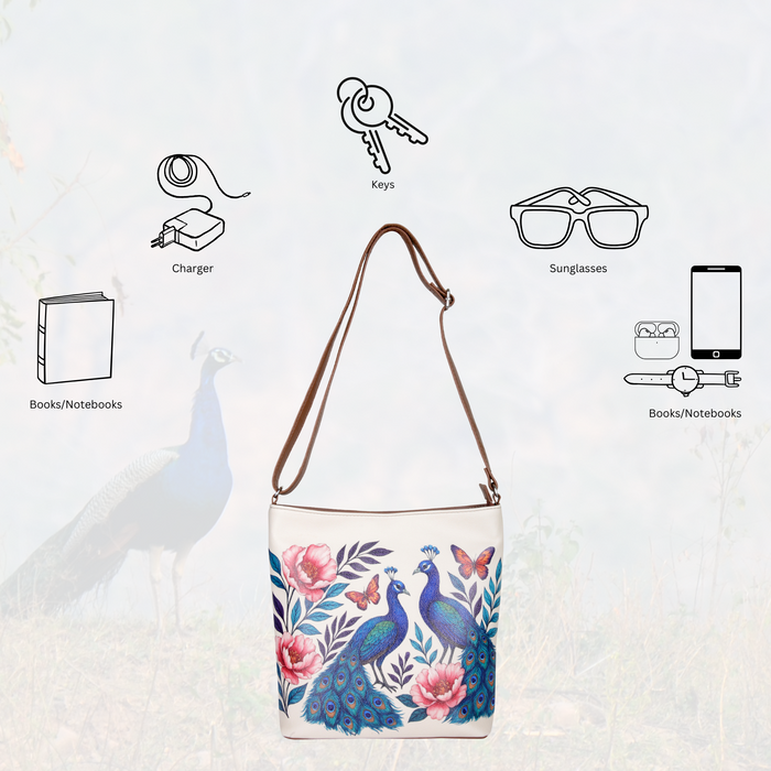 Women's handpainted peacock crossbody bag in vegan leather for daily use, office, travel, shopping, and gifting-feature image
