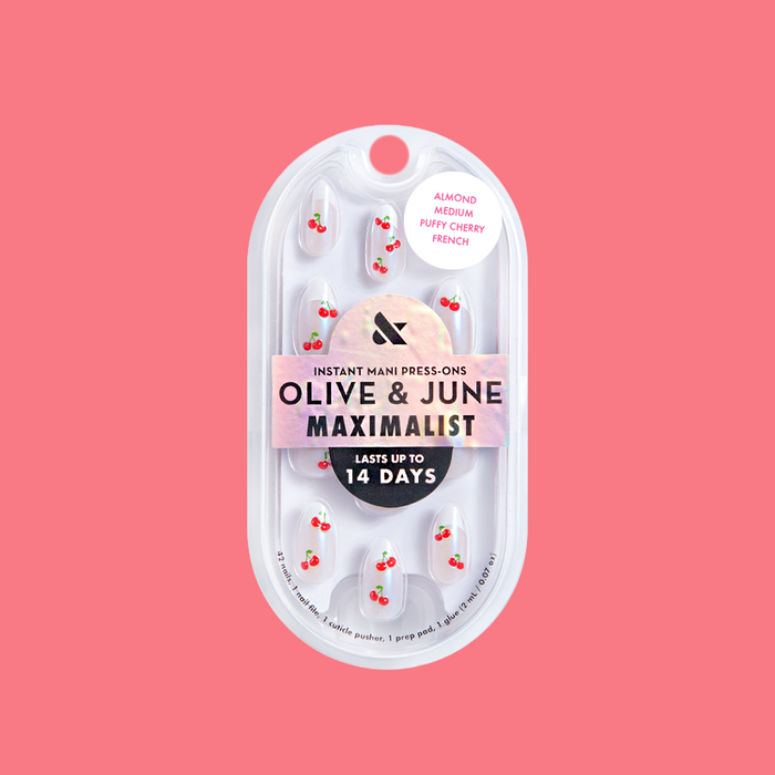Puffy Cherry French - Press-On | Medium | Almond medium almond false nails with 3D cherry accents for easy at-home mani