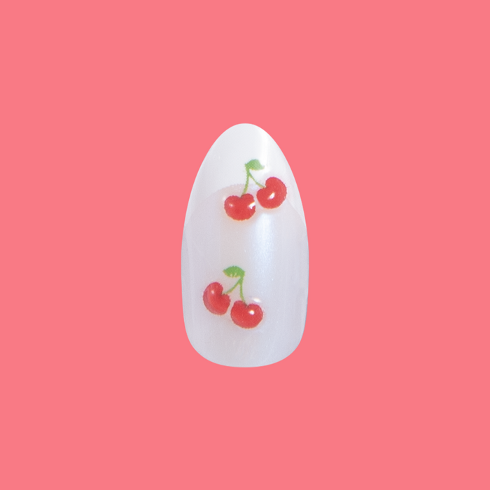 Puffy Cherry French - Press-On | Medium | Almond shaped nail with classic french tip and 3D cherry accents for easy at-home mani