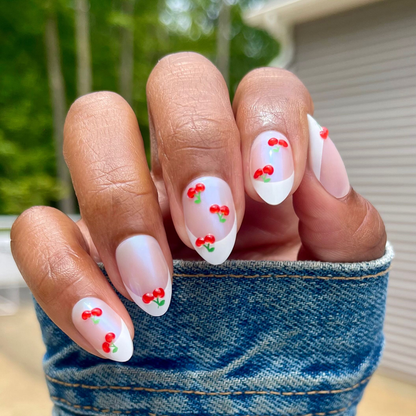 Puffy Cherry French - Press-On | Medium | Almond shaped nails with classic white tips and 3D cherry details for easy at-home mani