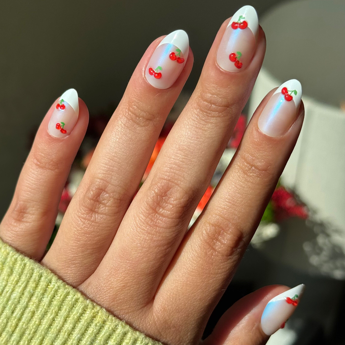 Puffy Cherry French - Press-On | Medium | Almond shaped nails with classic french tips and 3D puffy cherry decals for easy mani