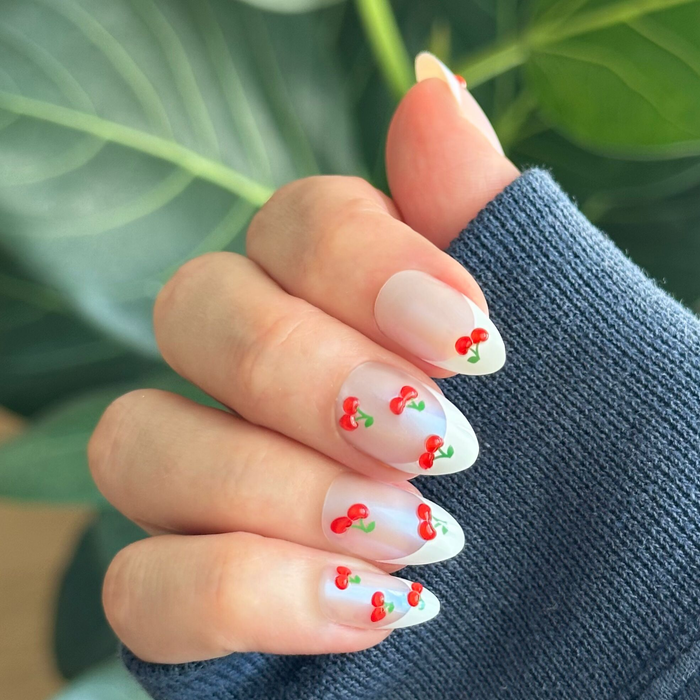 Puffy Cherry French - Press-On | Medium | Almond false nails with 3D red cherry accents for easy at-home manicure