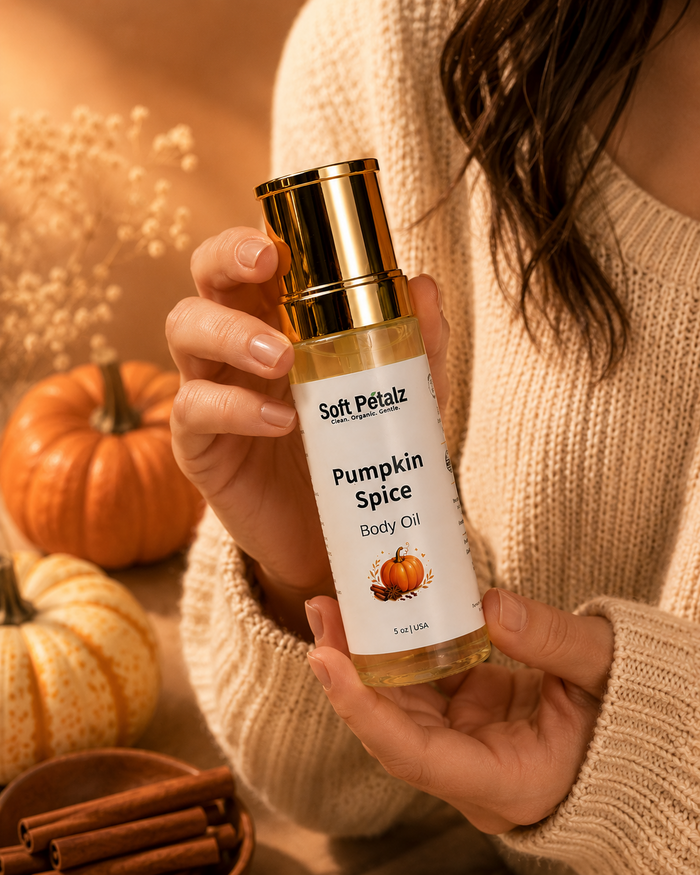 Person holding a bottle of Soft Petalz Pumpkin Spice Body Oil with pumpkins and cinnamon sticks in the background.