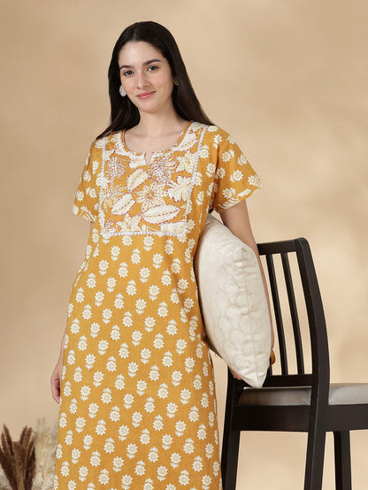 Pure cotton kantha work floral nighty dress for women